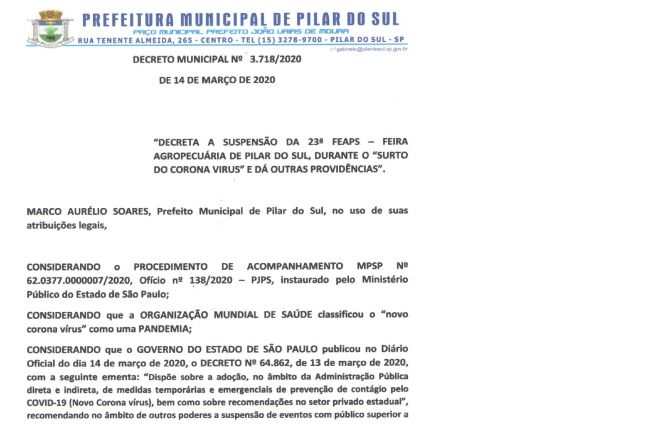 SUSPENSO DA 23 FEAPS- FEIRA AGROPECURIA DE PILAR DO SUL MOTIVO CORONA VRUS 