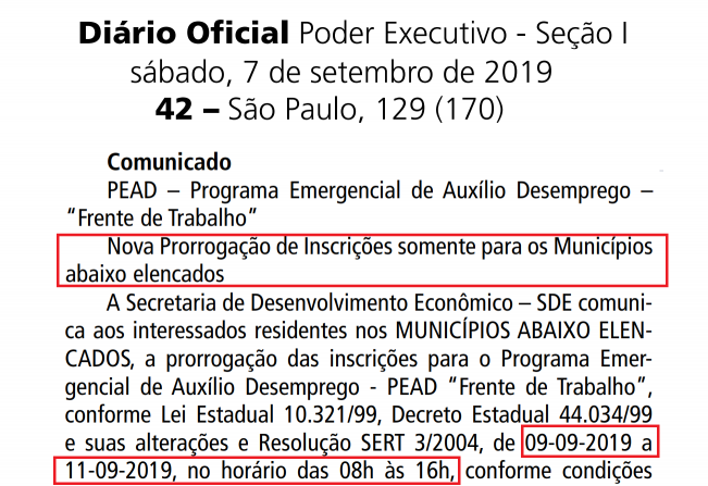 Prorrogao das Inscries para o programa Frente de Trabalho 