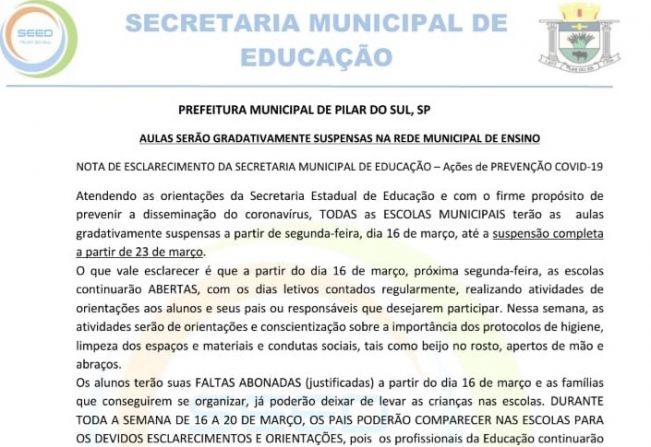 Aulas sero gradativamente suspensas na rede municipal de ensino.