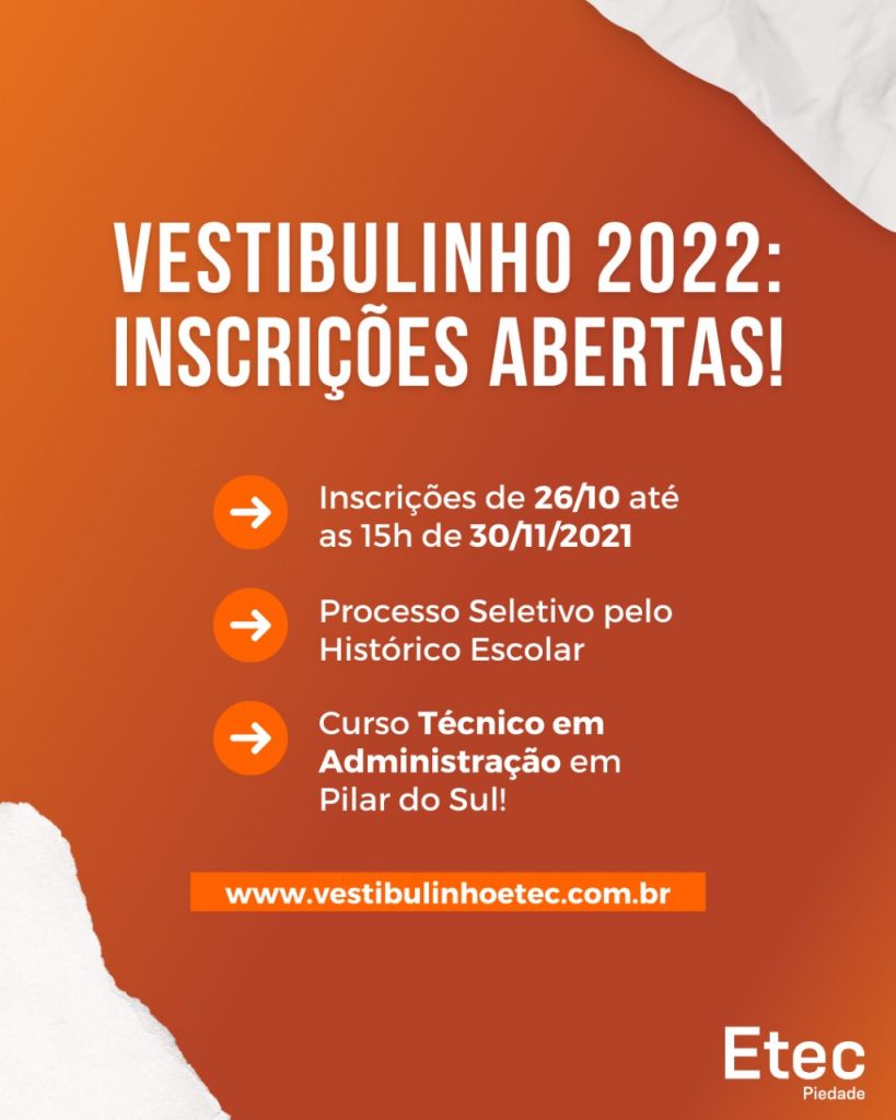 Estão abertas as inscrições para o Vestibulinho das Etecs